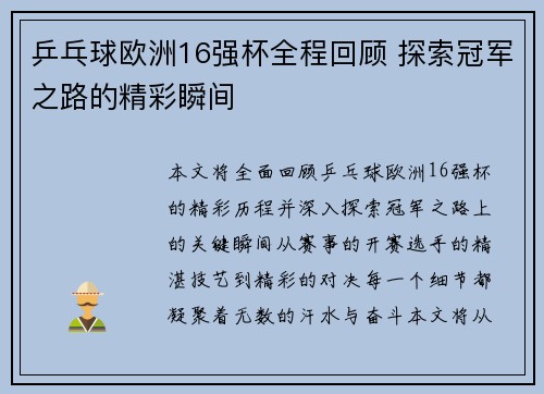 乒乓球欧洲16强杯全程回顾 探索冠军之路的精彩瞬间